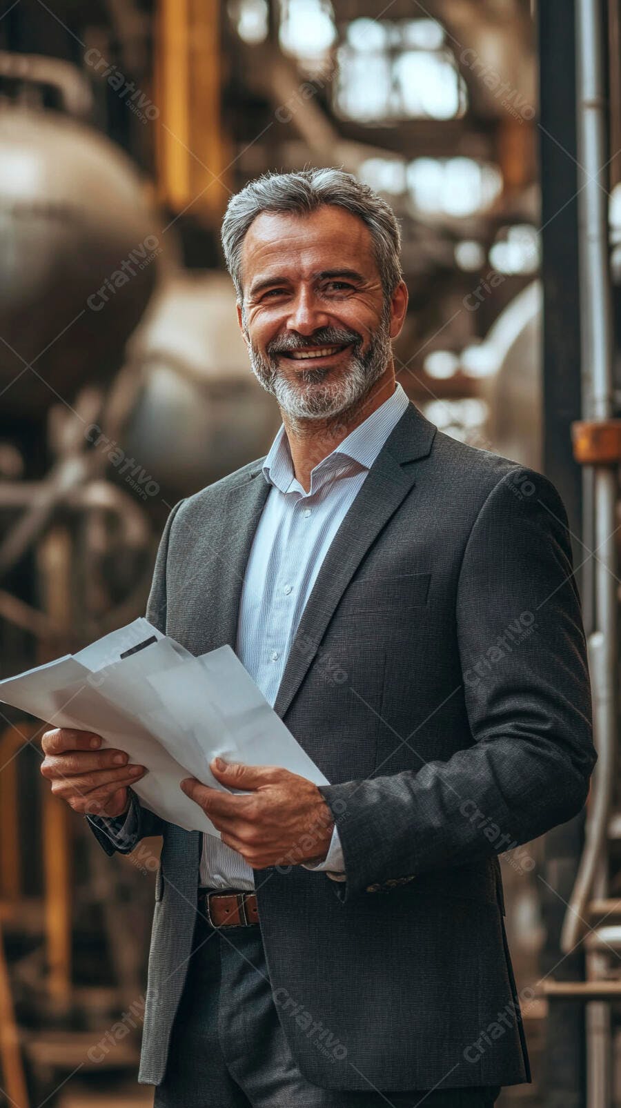 Homem engenheiro de terno cinza sorrindo com papéis em fábrica industrial