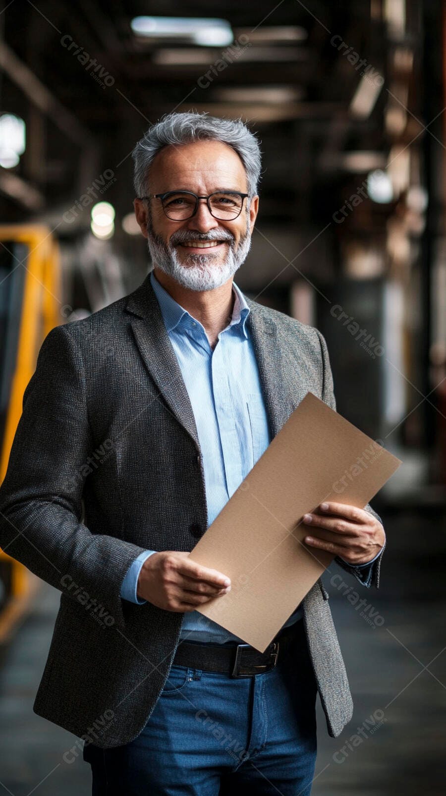 Homem grisalho sorridente com blazer e pasta em ambiente industrial