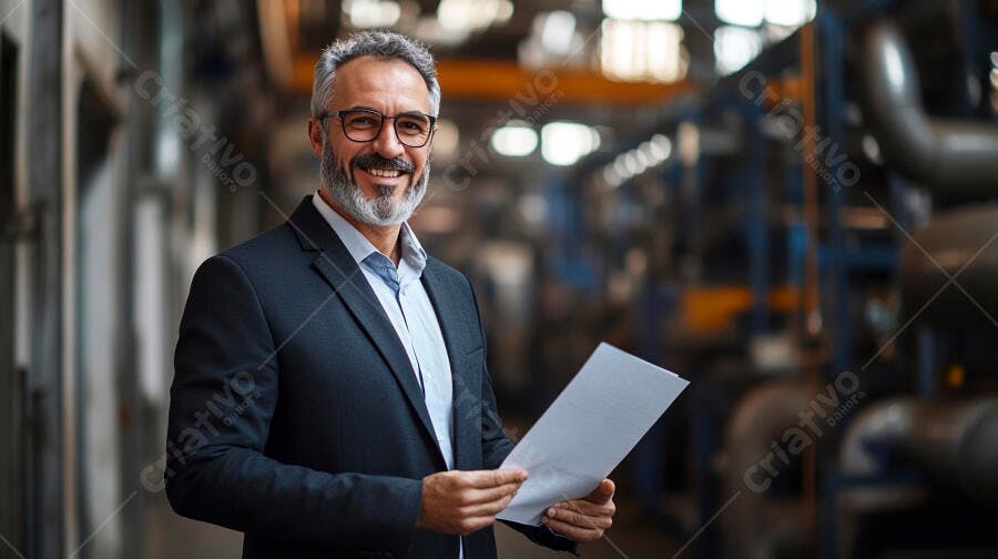 Gerente homem feliz de terno azul escuro segurando documentos em fábrica