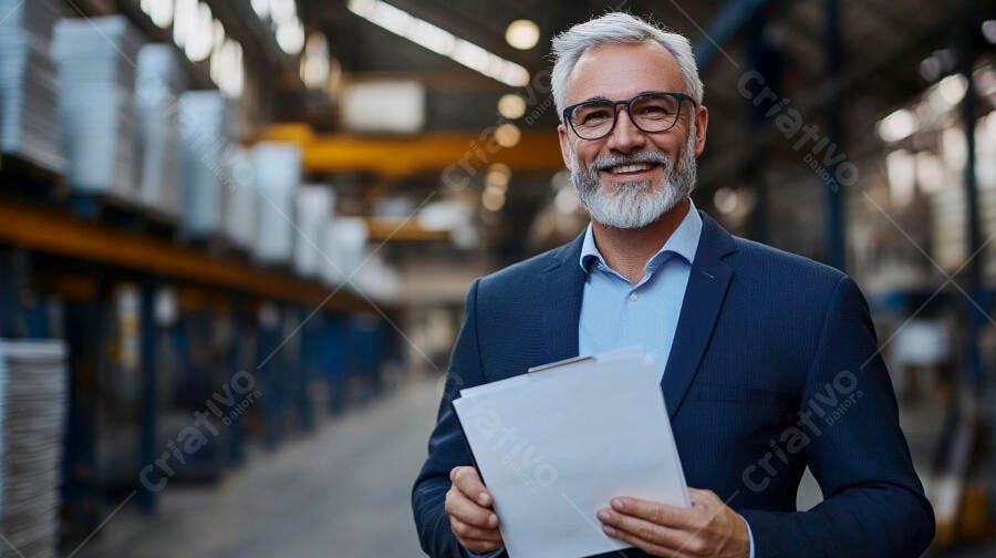 Homem executivo grisalho sorrindo com prancheta em fábrica industrial
