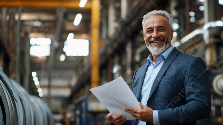 Homem executivo barbudo sorrindo segurando documentos em fábrica industrial