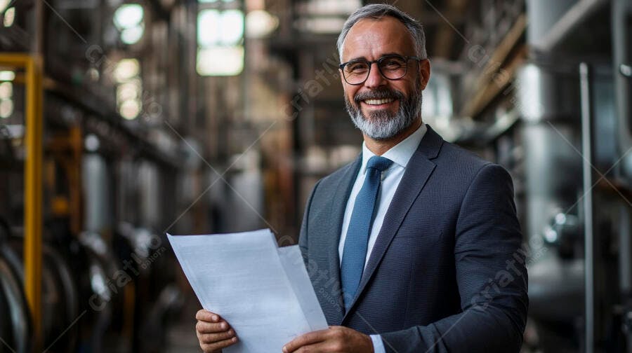 Executivo grisalho sorrindo segurando projetos em fábrica industrial