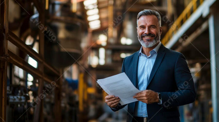 Profissional caucásico grisalho sorridente com documentos em fábrica moderna