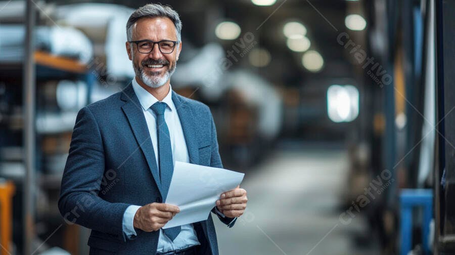 Empresário caucasiano de terno azul sorrindo em fábrica moderna segurando papéis