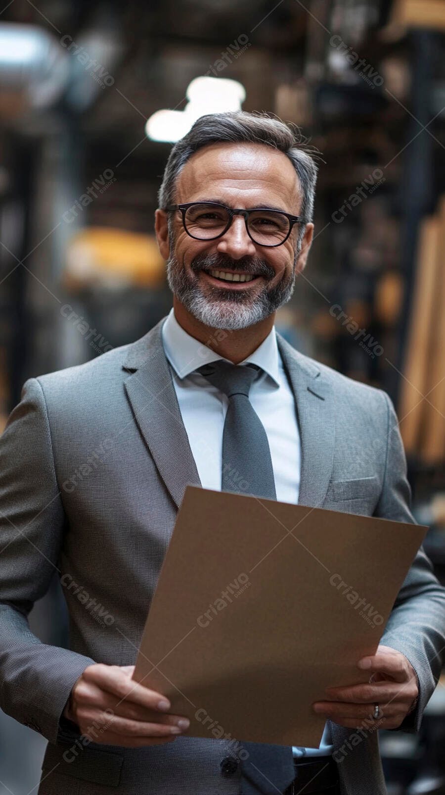 Homem caucasiano empresário sorrindo com pasta marrom em ambiente profissional