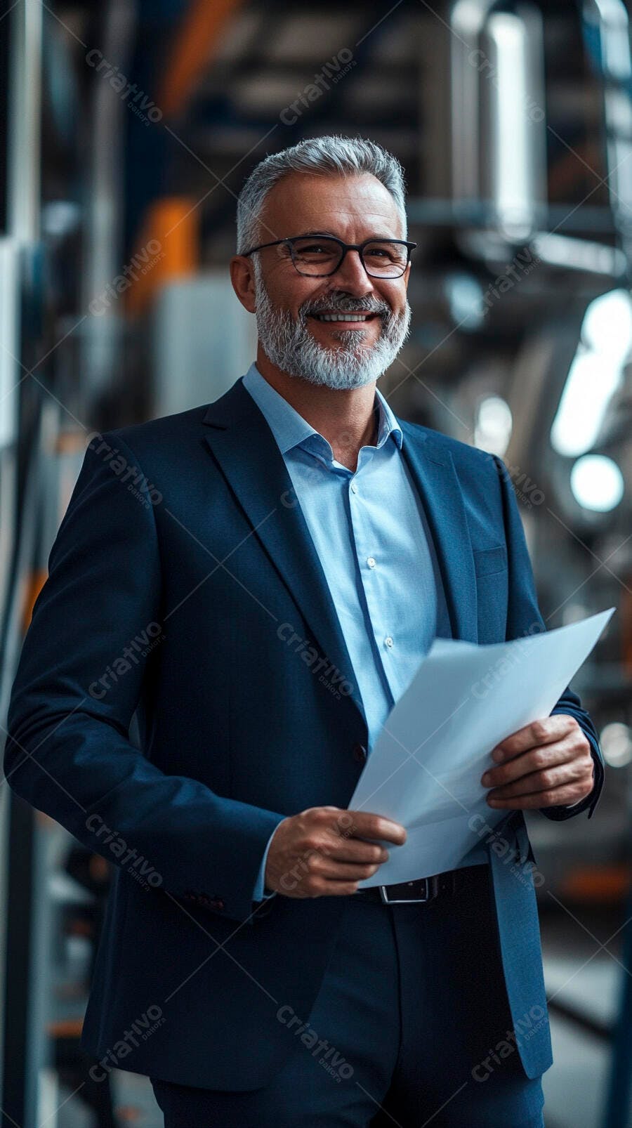 Homem caucasiano de negócios sorrindo com papéis em fábrica