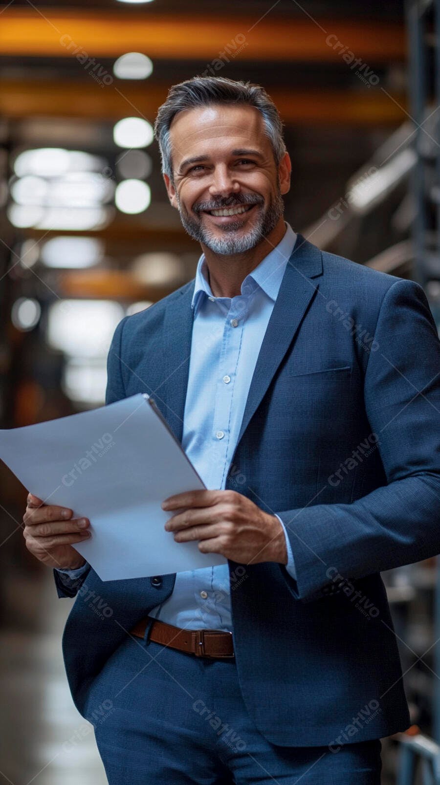 Homem de terno azul sorrindo segurando documentos em armazém industrial