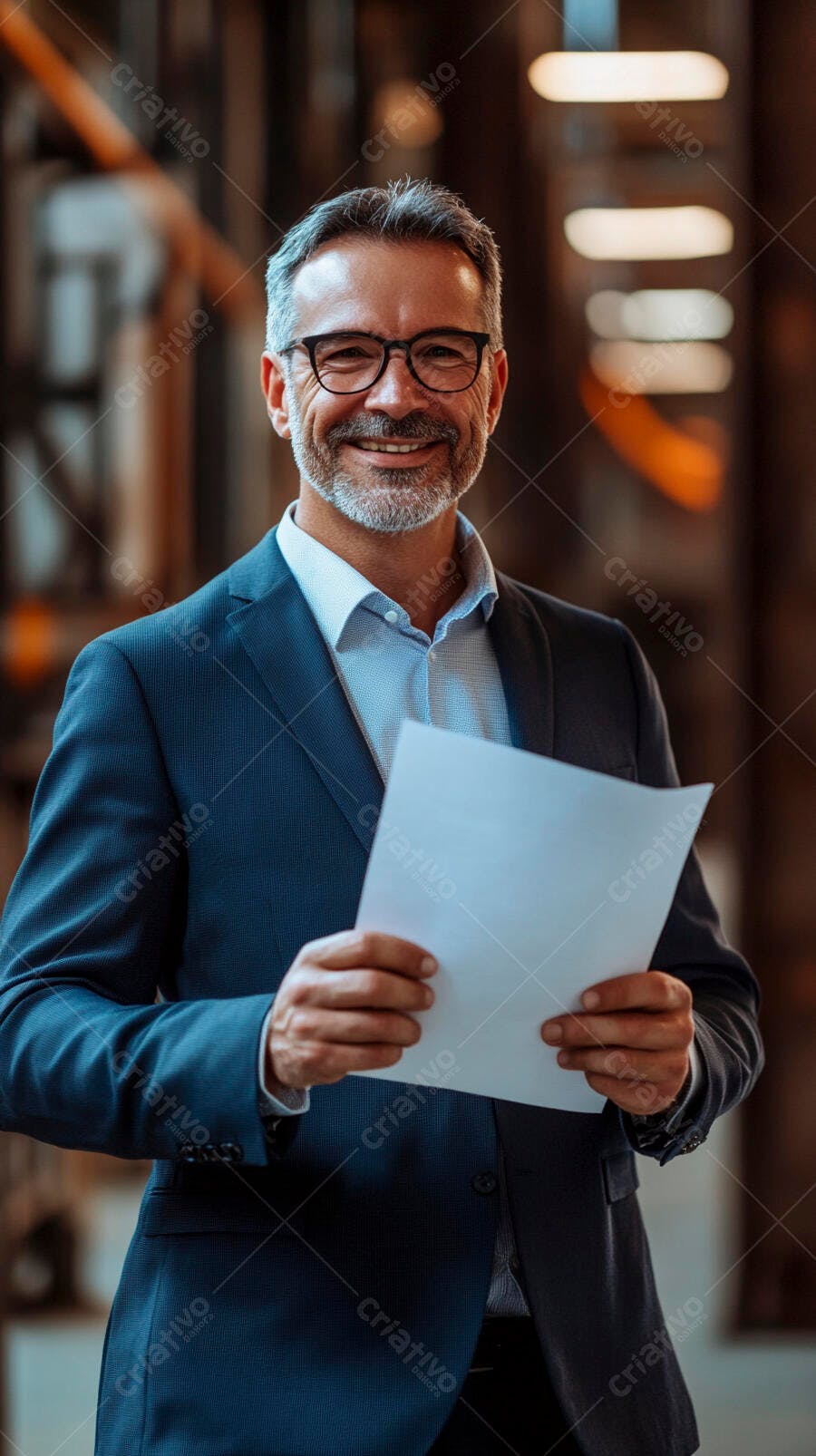 Homem de negócios sorrindo com terno azul segurando papel em escritório