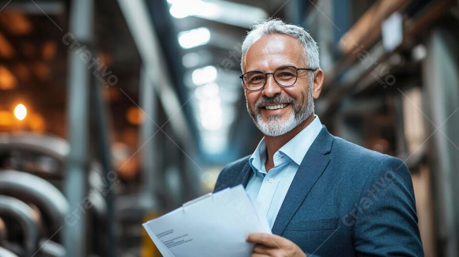 Executivo grisalho sorrindo com prancheta em fábrica industrial