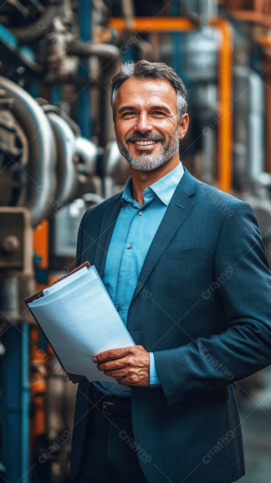 Homem de negócios grisalho sorrindo em fábrica industrial com prancheta