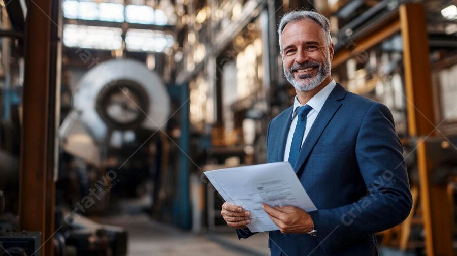 Homem de negócios caucasiano sorrindo em fábrica industrial segurando documentos
