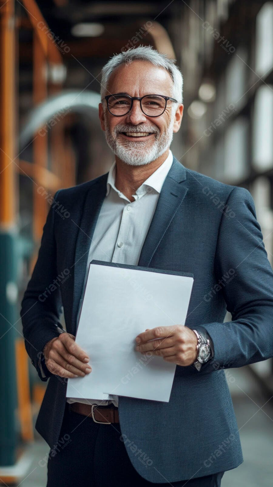 Homem de negócios sênior sorrindo com pasta em ambiente corporativo