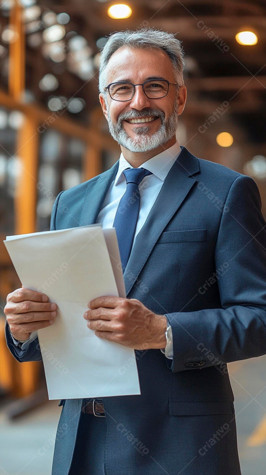 Executivo feliz de terno azul e barba grisalha segurando documentos
