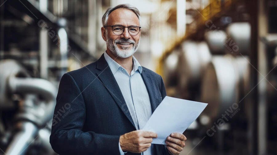 Homem caucasiano barbudo sorrindo com papéis em fábrica industrial