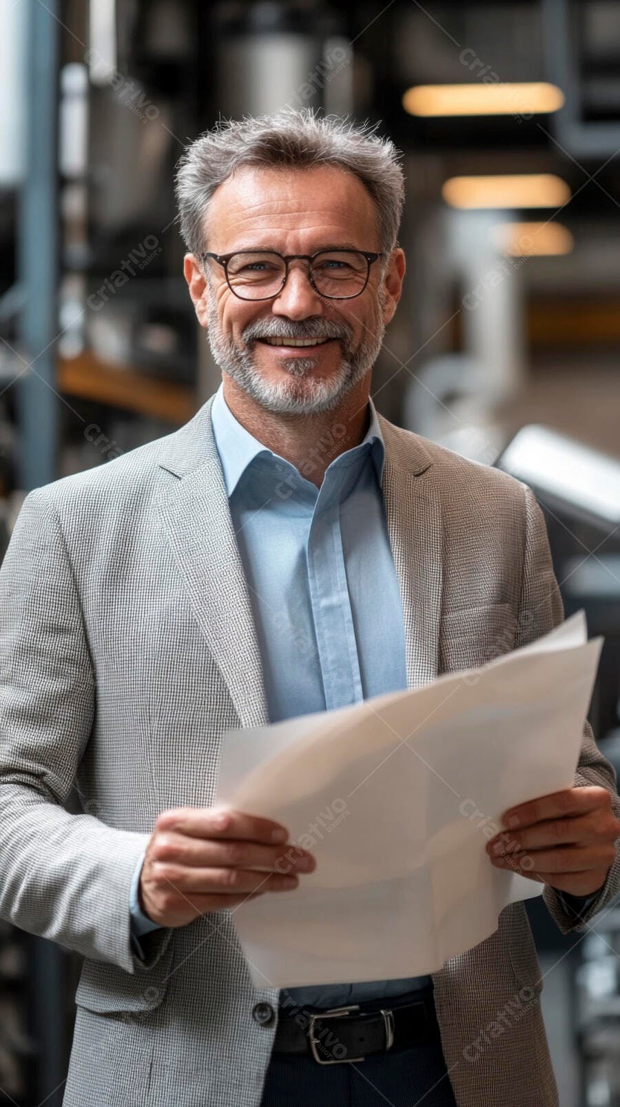 Homem empresário caucasiano grisalho sorrindo com papéis no escritório moderno