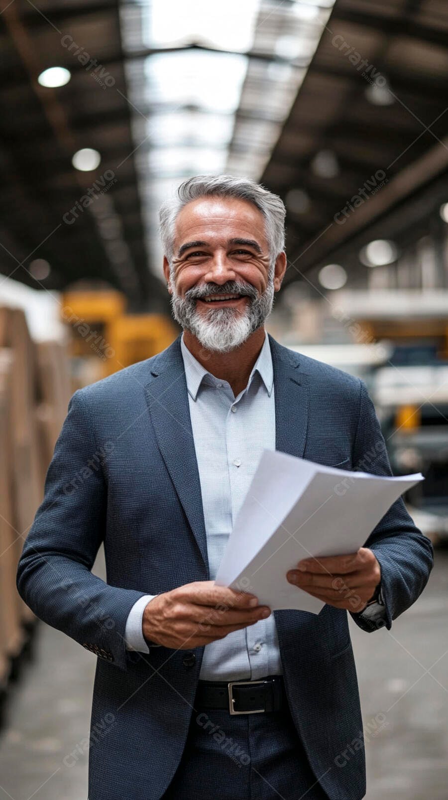 Empresário sorridente com cabelos grisalhos e terno azul em armazém