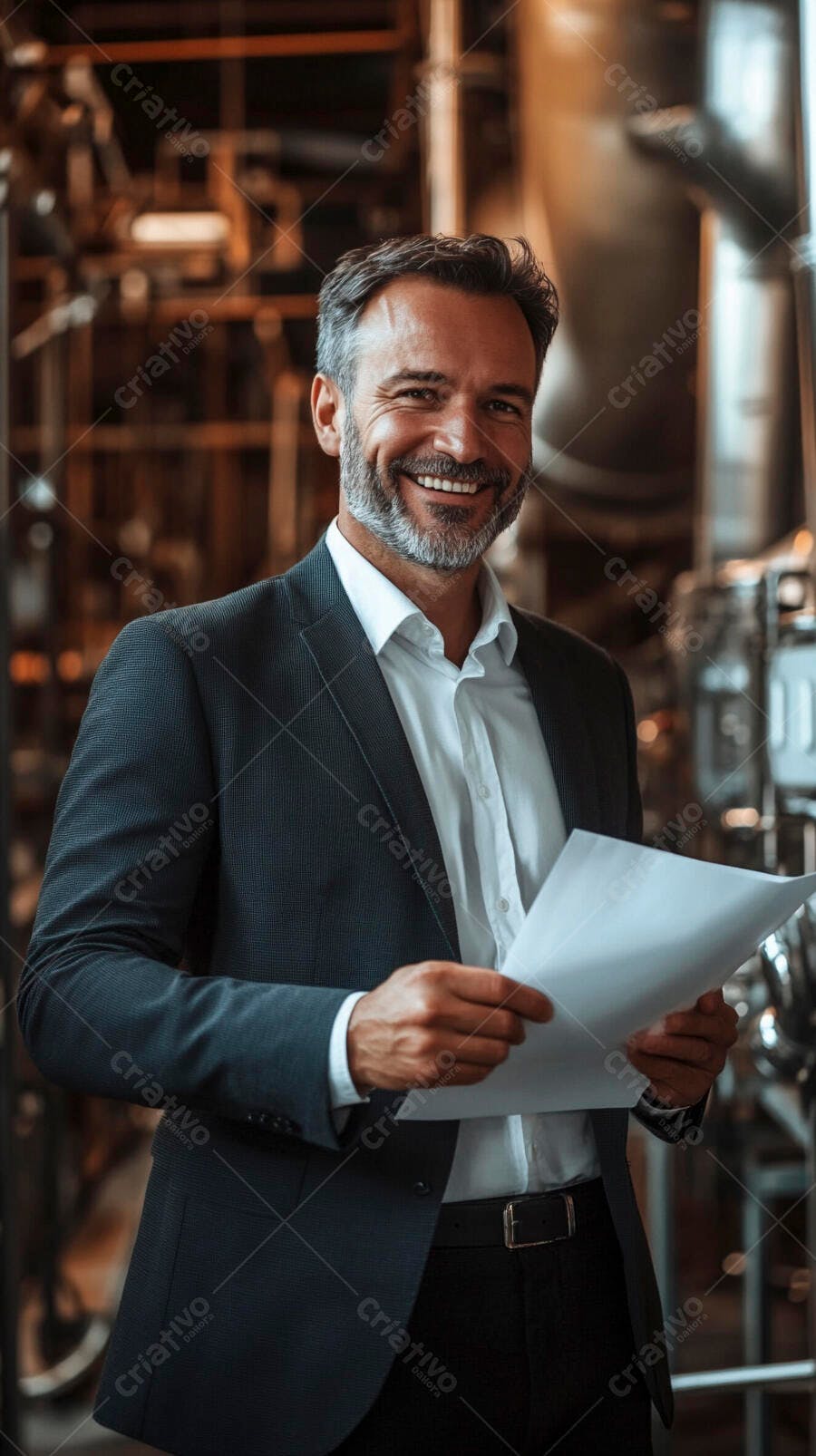 Homem de negócios com barba grisalha sorrindo segurando documentos em fábrica moderna