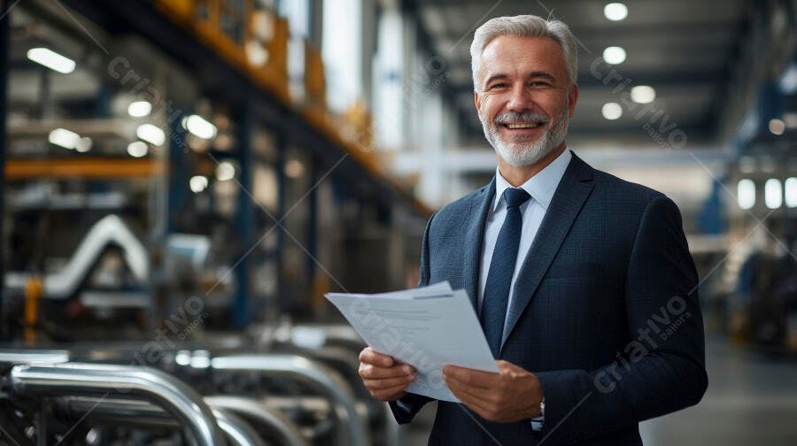 Empresário sênior cabelos grisalhos sorrindo confiante em fábrica moderna