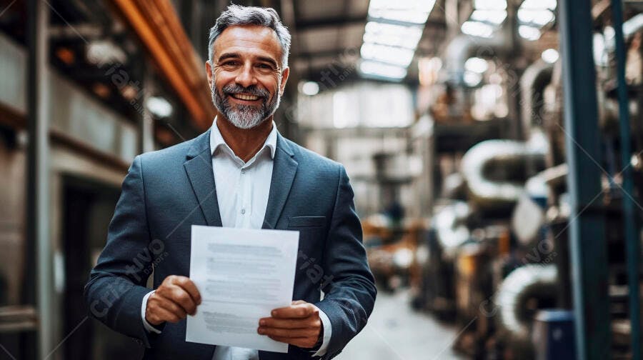 Homem de negócios sorridente caucasiano com documento em fábrica industrial