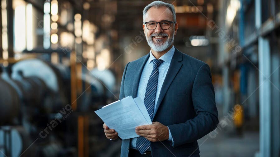 Empresário feliz de terno azul com barba grisalha em fábrica moderna