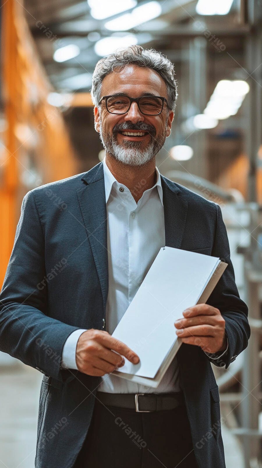 Homem profissional sorrindo segurando documentos em ambiente industrial
