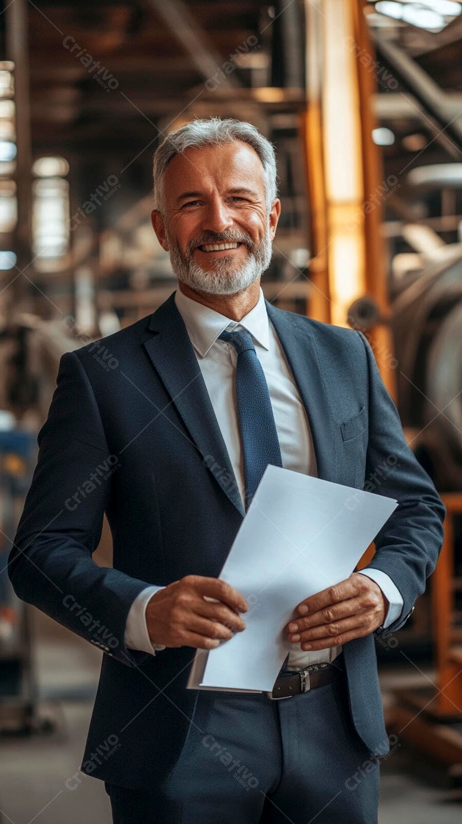 Homem de negócios sorridente em terno azul segurando documentos em fábrica