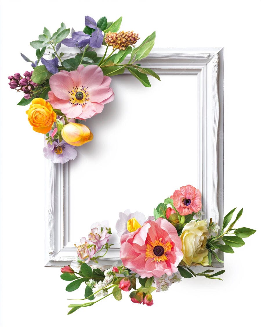 Moldura floral branca decorada com flores coloridas frescas para convite