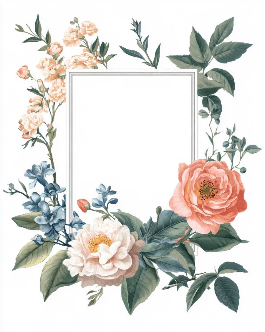 Moldura floral vintage com rosas pêssego e flores azuis em aquarela