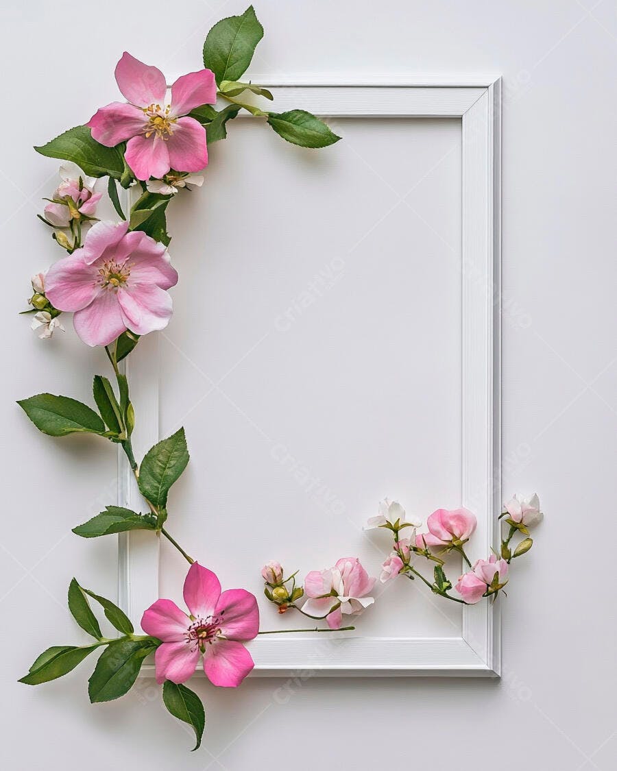 Moldura branca decorada com flores rosas e folhas verdes arranjo floral primaveril