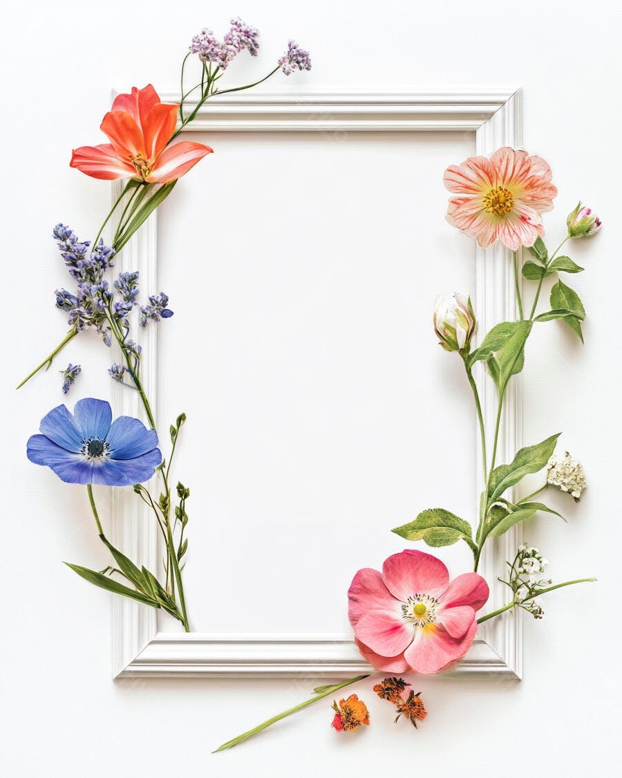 Arranjo de flores coloridas frescas em moldura branca vazia
