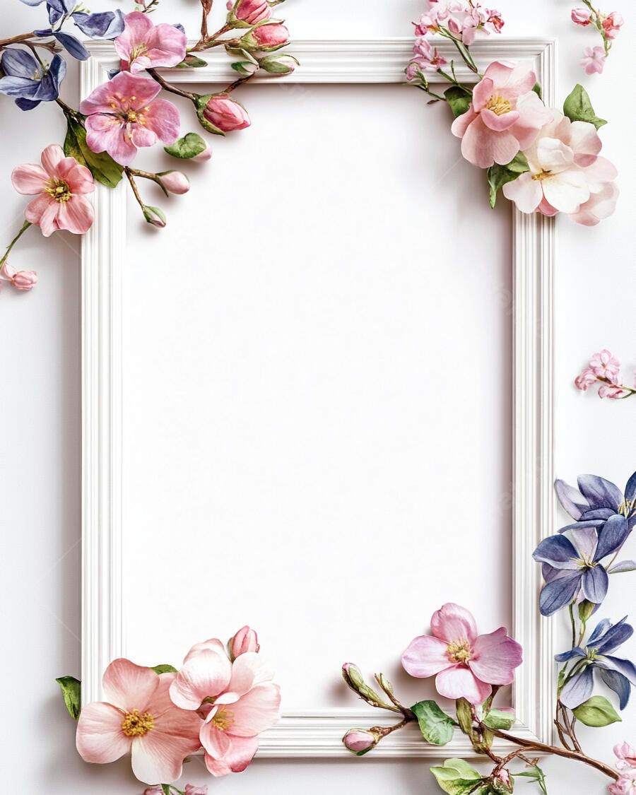 Moldura branca floral com flores rosa e roxas delicadas