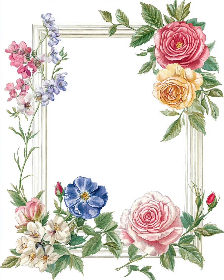 Moldura floral delicada com rosas coloridas e folhagens em aquarela