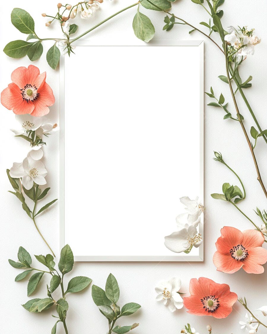 Moldura branca com flores coral e folhas verdes em fundo claro
