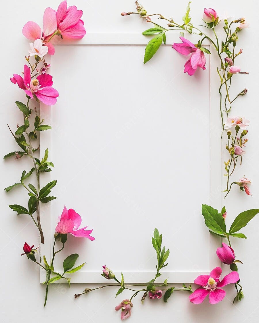Moldura branca decorada com flores rosas e folhas verdes