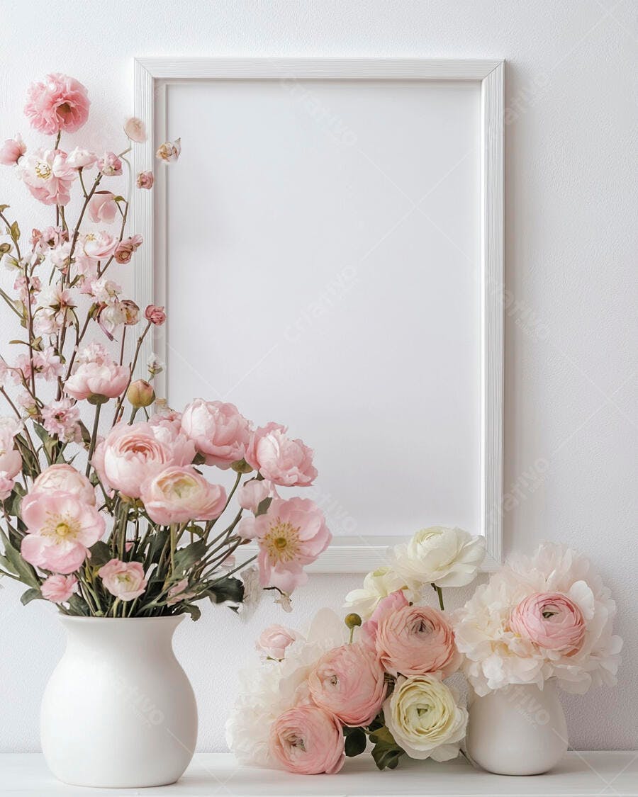 Moldura branca vazia com vaso de flores rosa decoração clean e delicada
