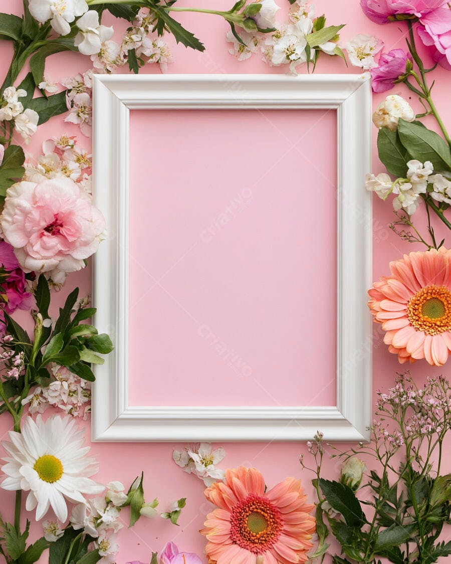 Quadro branco com flores cores pastel em fundo rosa suave
