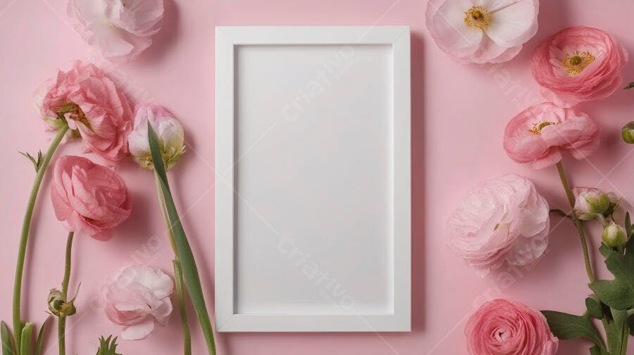 Ranúnculos rosa e moldura branca em arranjo flat lay sobre fundo pastel