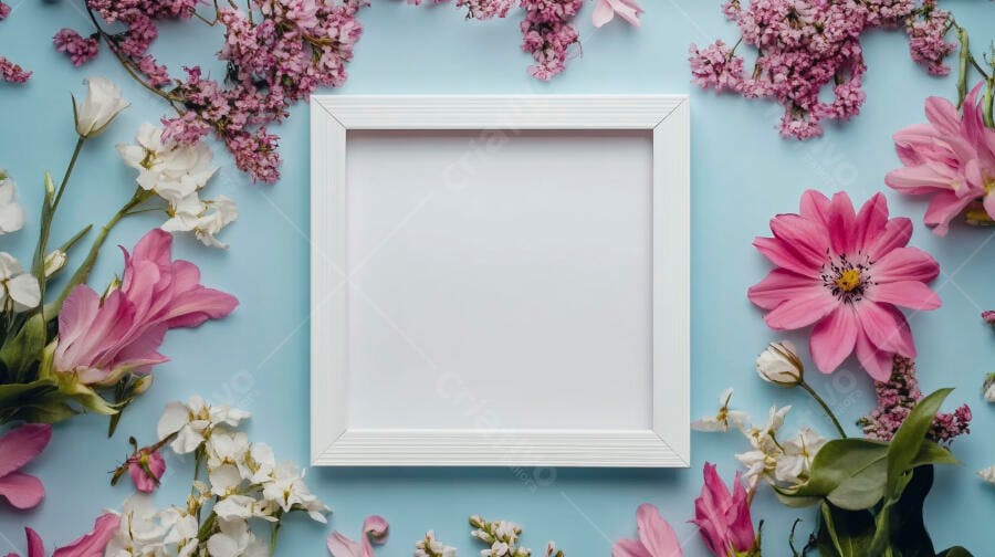 Quadro branco com flores rosa e brancas em fundo azul claro pastel