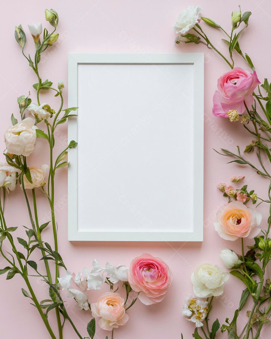 Quadro branco moldura fina com ranúnculos rosa e pêssego em fundo pastel