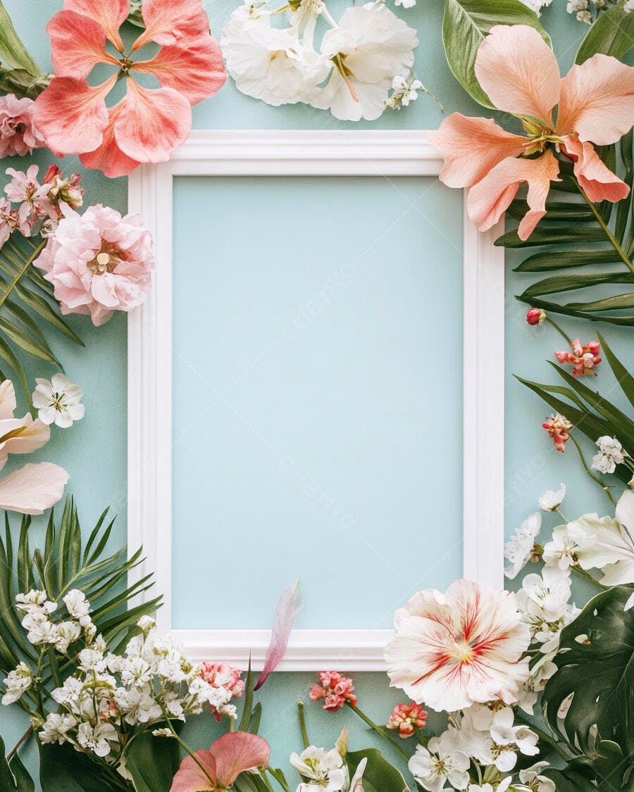 Quadro branco com borda de flores e folhas tropicais em fundo azul pastel