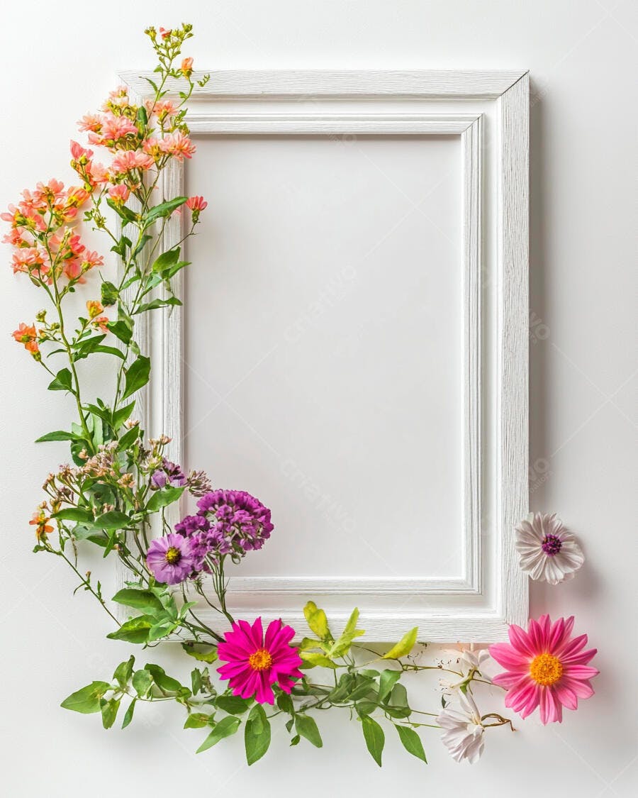 Moldura branca decorada com flores coloridas rosa laranja roxo em fundo minimalista