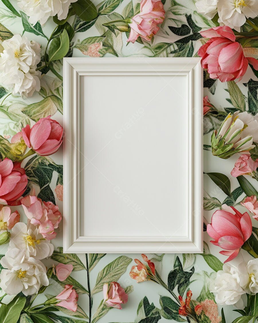 Moldura branca vazia sobre fundo floral vibrante com flores rosas e brancas