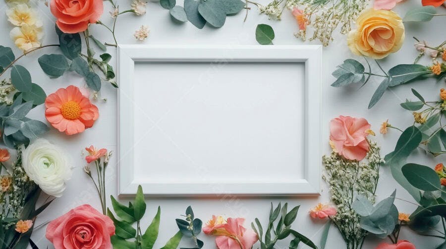 Moldura branca rodeada por flores cor de rosa amarelas e folhagens verdes arranjo elegante