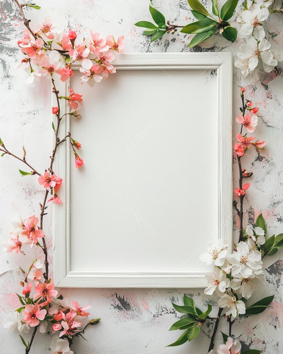 Moldura branca vazia com flores rosa e brancas da primavera