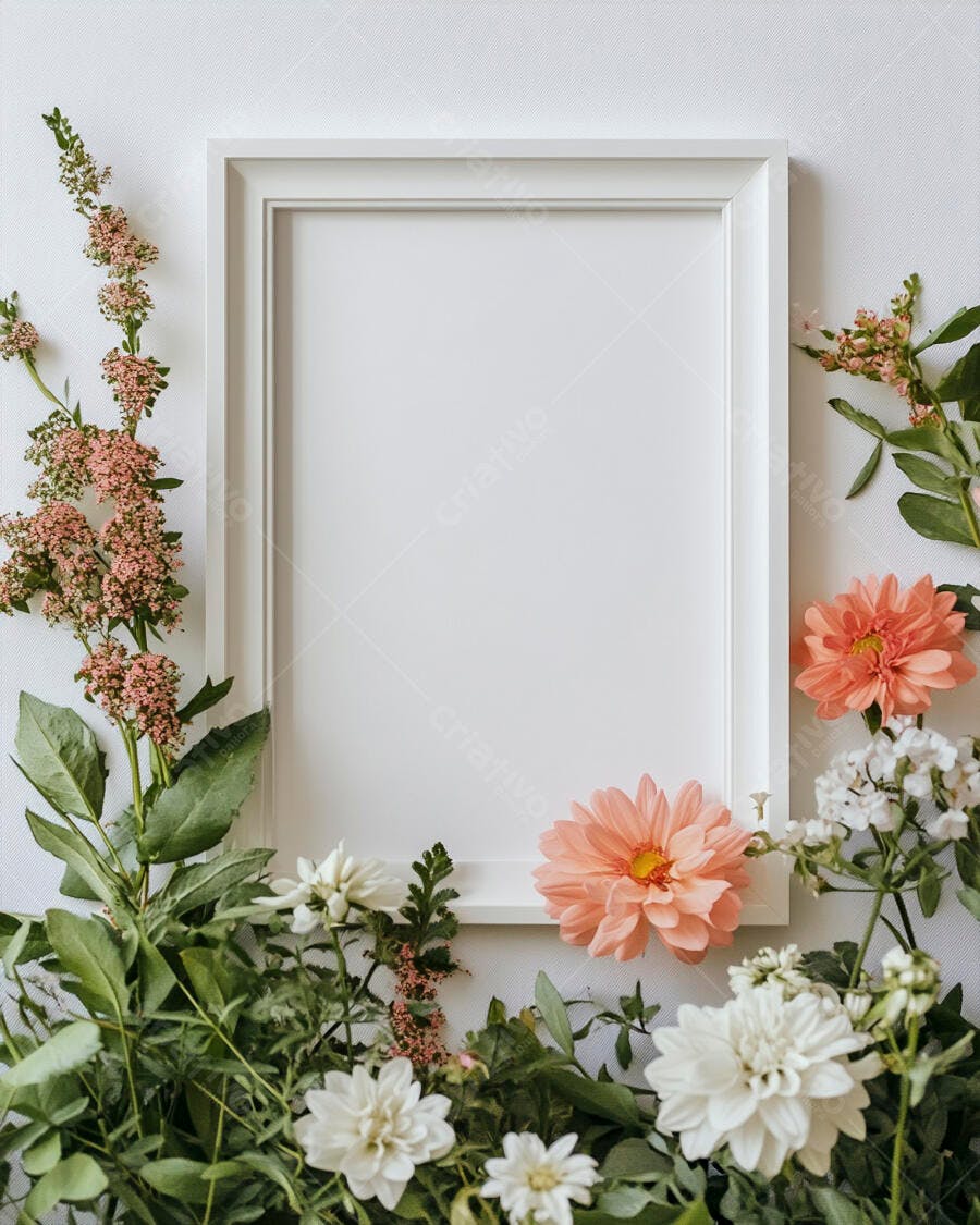 Mockup de quadro branco com flores pêssego e folhagem verde