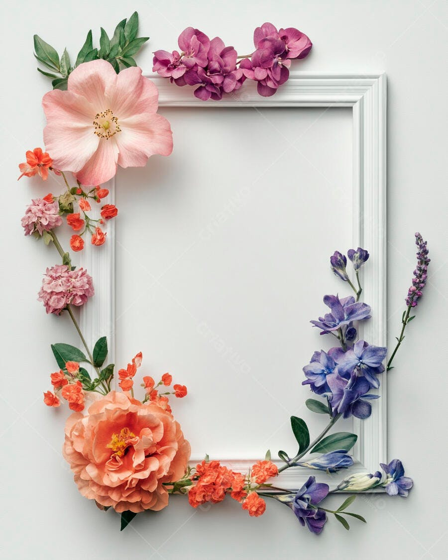 Moldura branca com flores rosa laranja e roxas decoração primaveril elegante