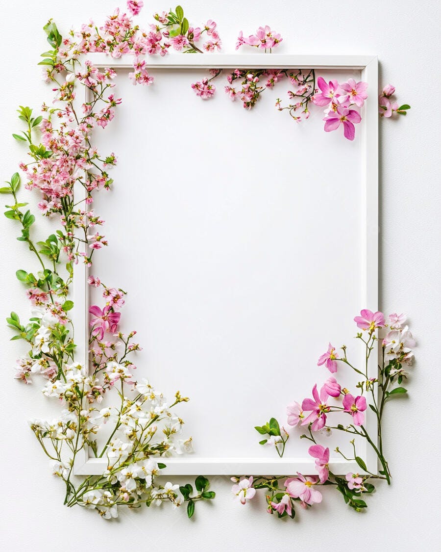 Quadro branco com moldura decorado por flores cor de rosa e brancas