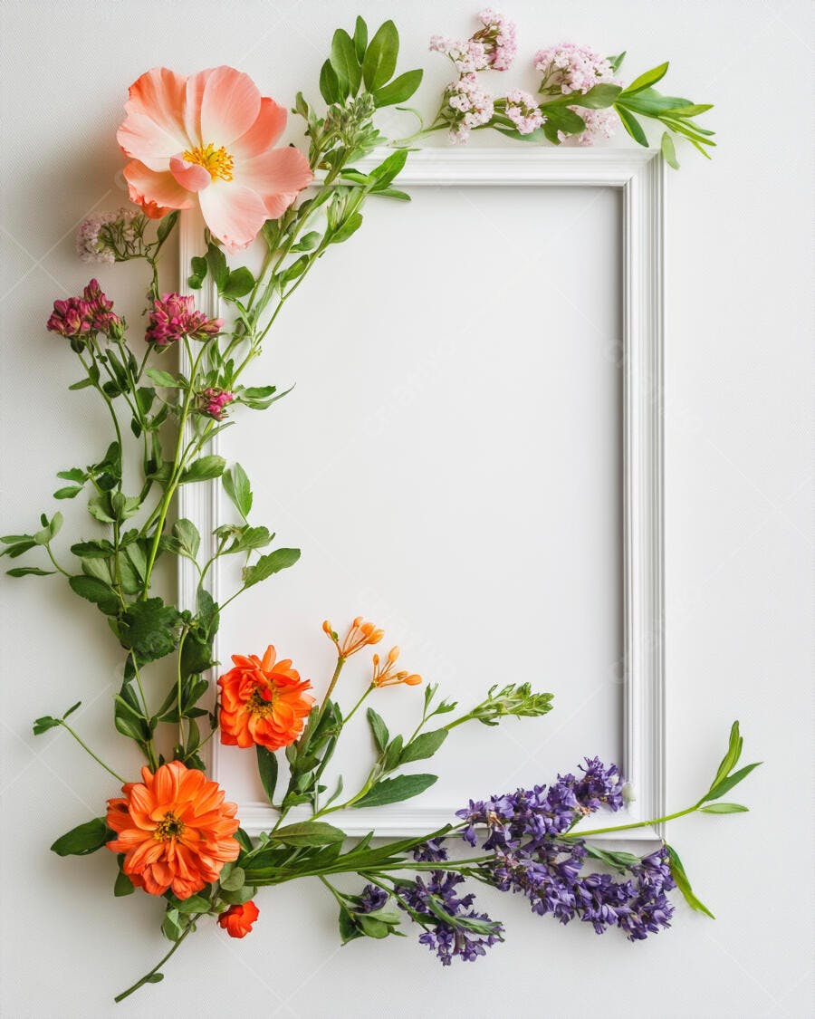 Flores coloridas e folhas verdes emoldurando um quadro branco vazio