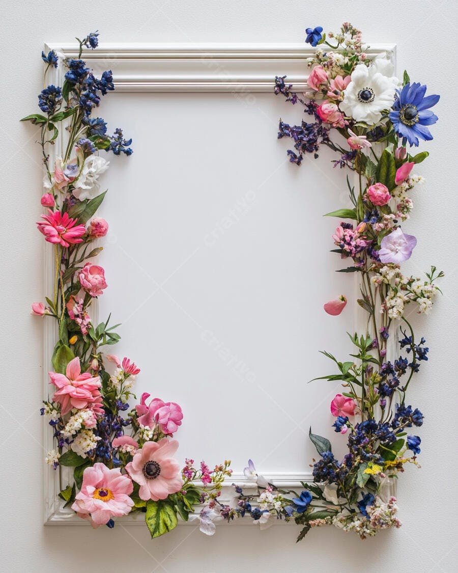 Moldura branca decorada com arranjo floral colorido em fundo claro para texto