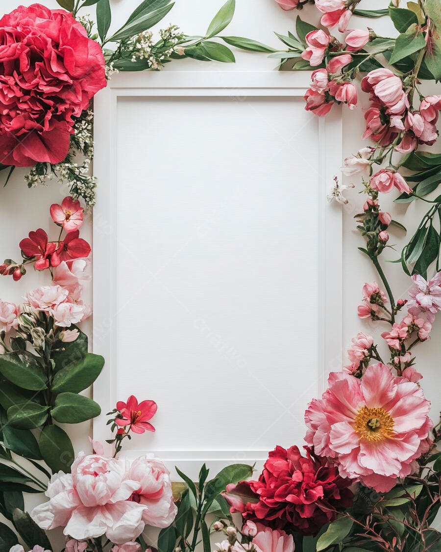 Moldura branca rodeada por flores rosa e folhas verdes